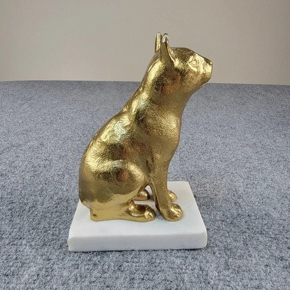 Vintage 6" Gold Textured Cat Figurine Statue on White Marble Base Bookend Decor - Picture 13 of 16